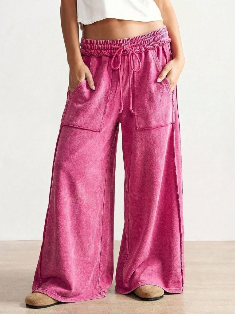 Hot Pink Casual Women's Knit Wide Leg Sweatpants - Picture 5 of 8